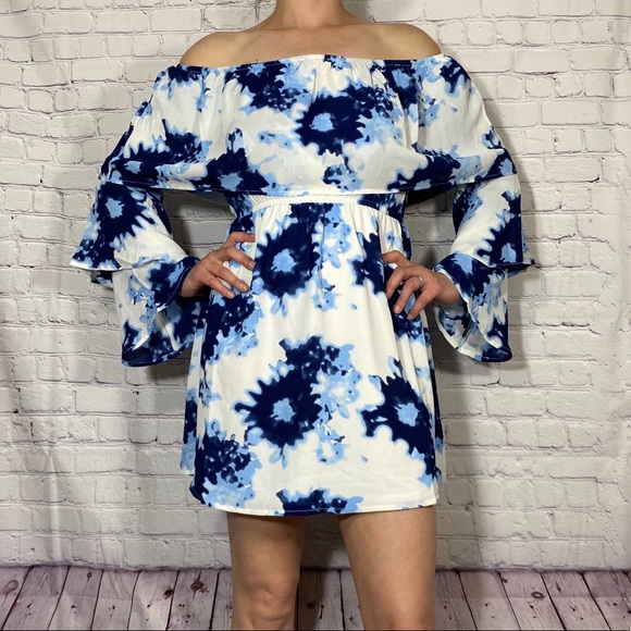 Blue tie dye off the shoulder dress - Picture 2 of 5